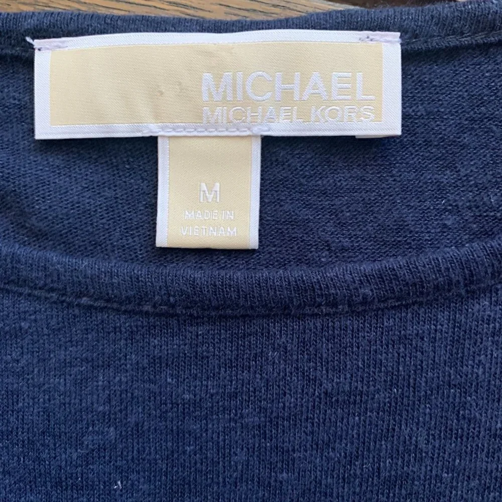 Michael Kors Linen-Viscose‎ Short Sleeve Tee Side Tie Sz M Navy Blue 104D